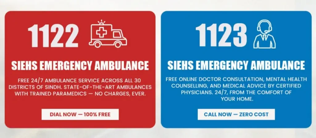 SIEHS 1122 free ambulance service Sindh and Tele-Tabeeb 1123 free online doctor consultation available 24/7
