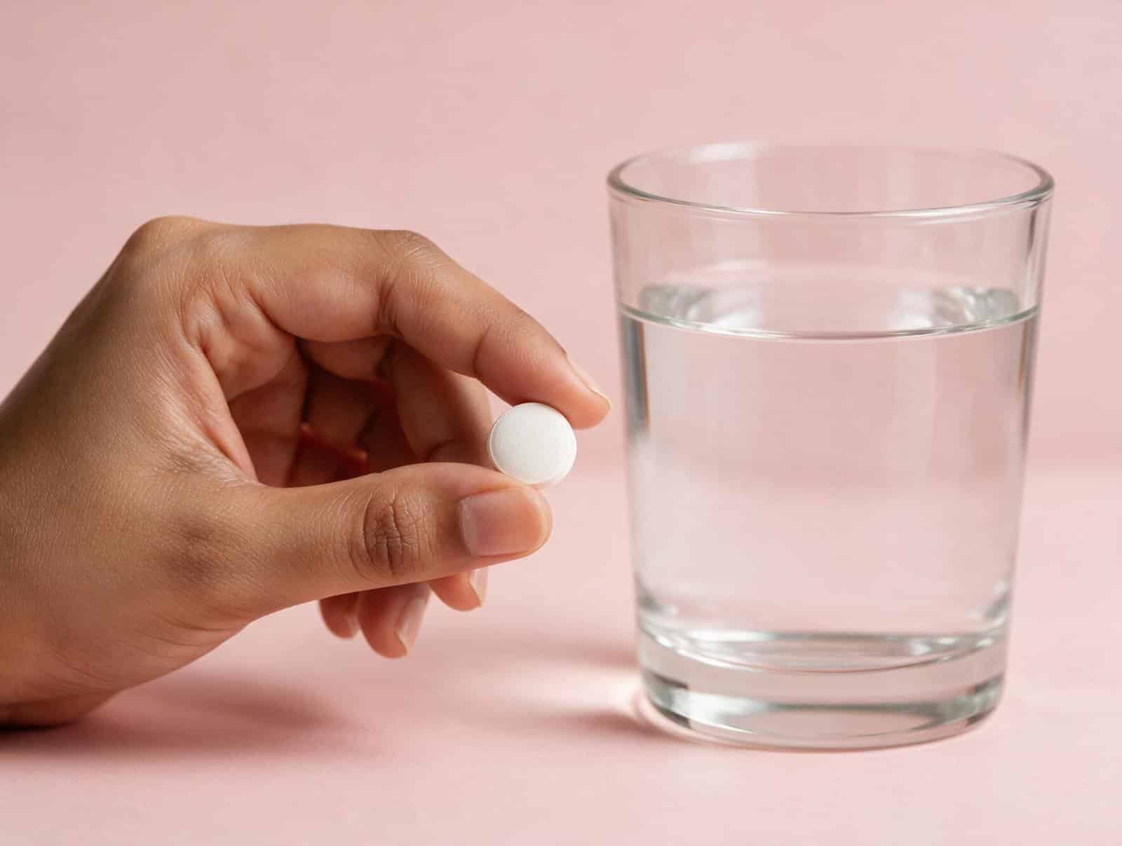 Hand holding painkiller medication with a glass of water