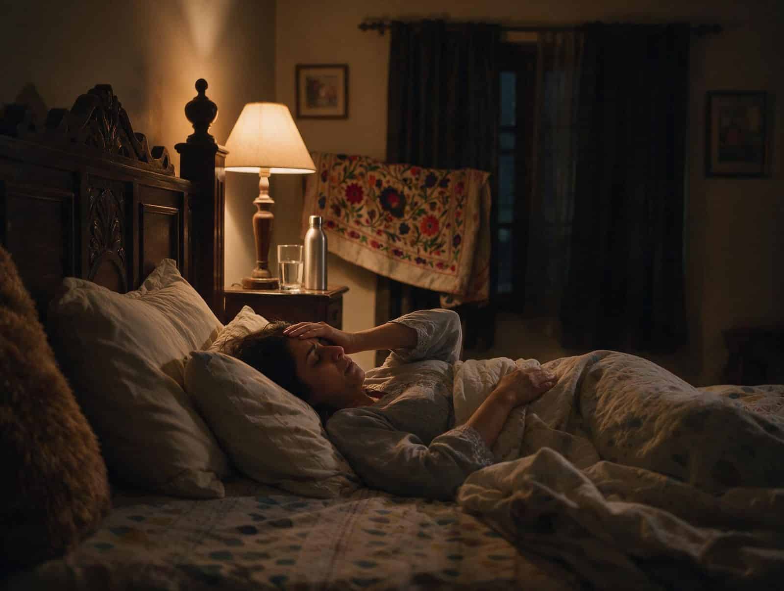 Woman lying awake in bed with a headache linked to poor sleep