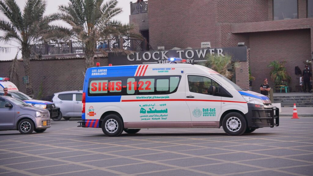 Ambulance route anchored to a visible clock tower landmark instead of a street address