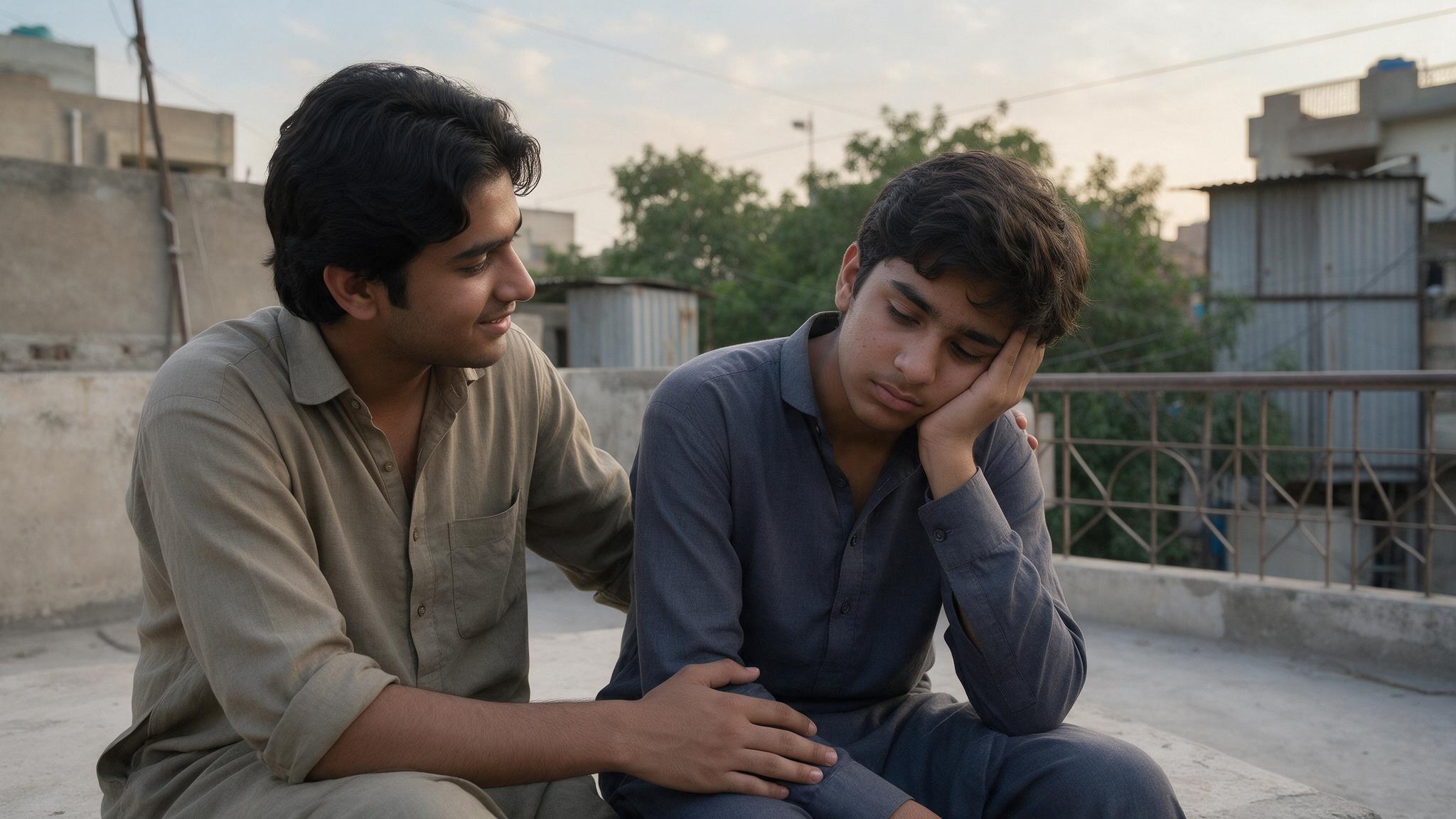 A Pakistani friend sitting quietly with another friend who looks tired and withdrawn, offering support