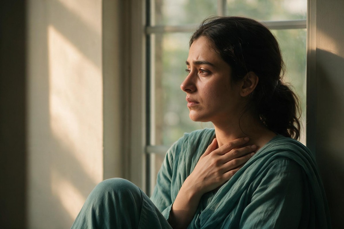 Pakistani woman sitting by a window at home with a hand at her collarbone, coping with anxiety symptoms