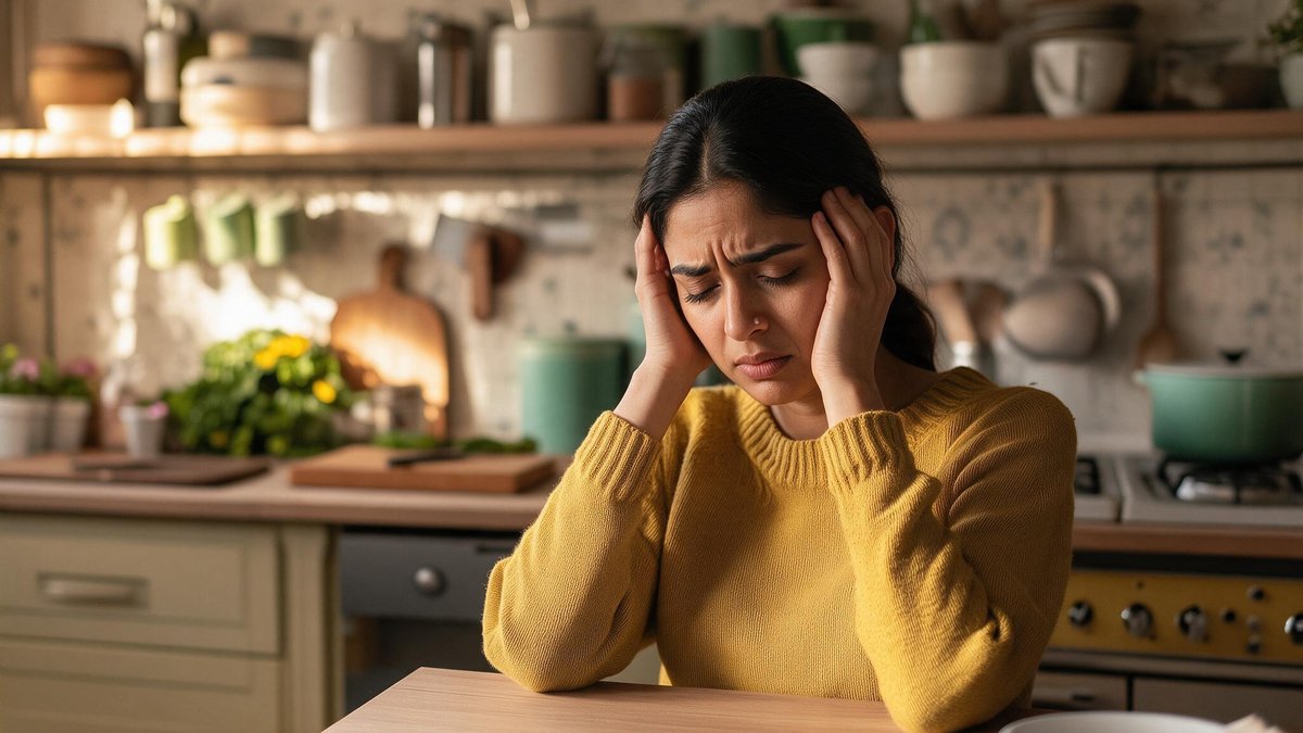 Woman at a kitchen table holding her temples during a stress headache
