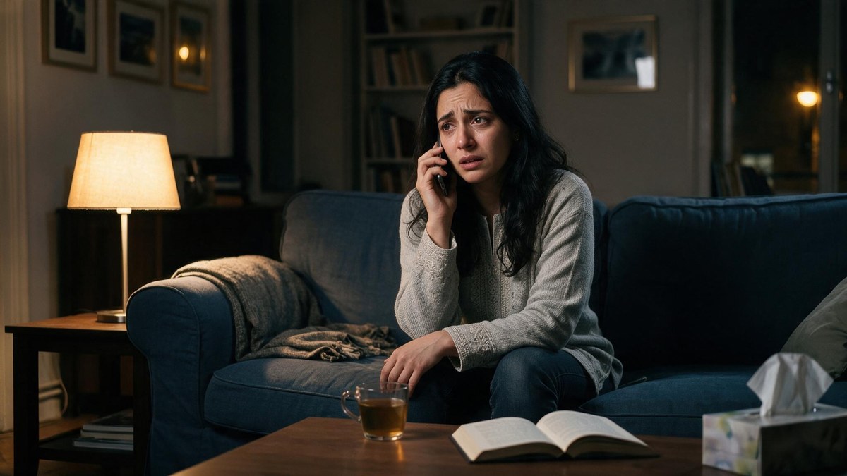Woman on a night-time phone call seeking help during a panic attack