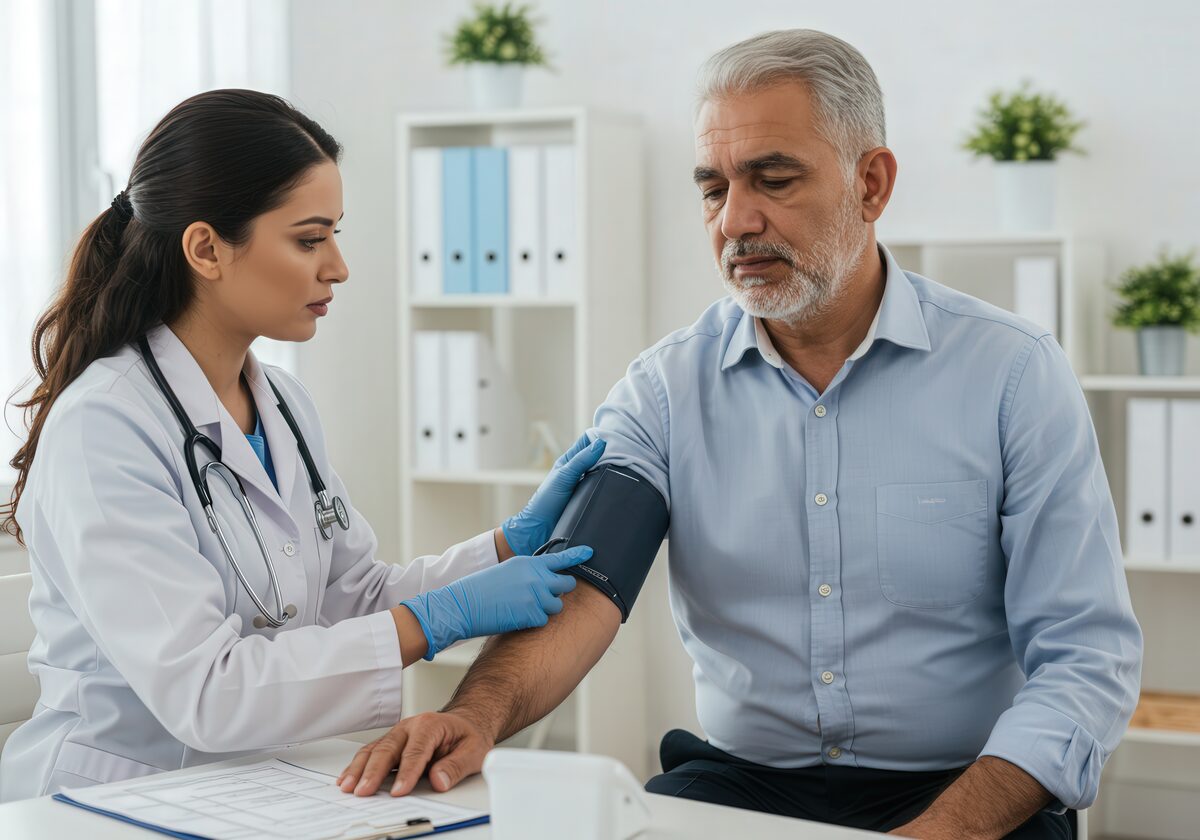Doctor measuring blood pressure of a senior male patient during a routine clinic visit