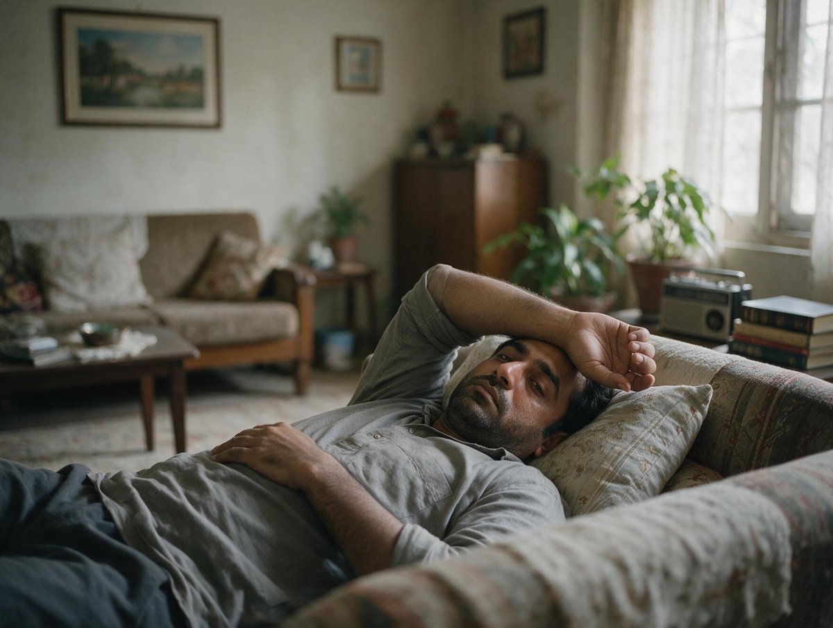 A man lies exhausted on a sofa at home, arm over his eyes, showing the constant tiredness and low energy that can be a sign of depression