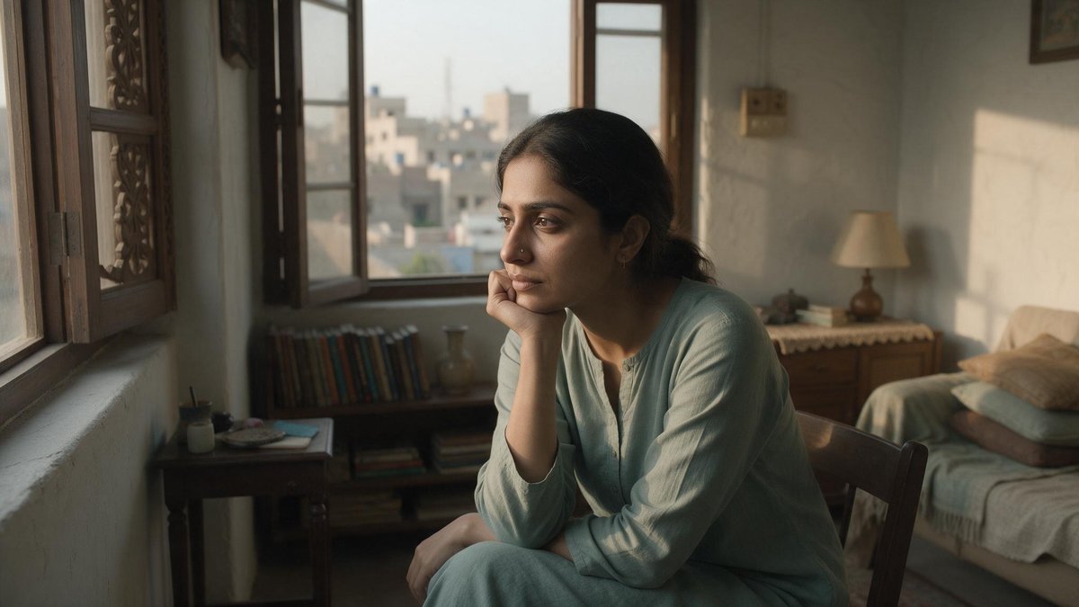 A woman sits quietly by a window in Karachi, resting her chin on her hand during a moment of honest self-reflection