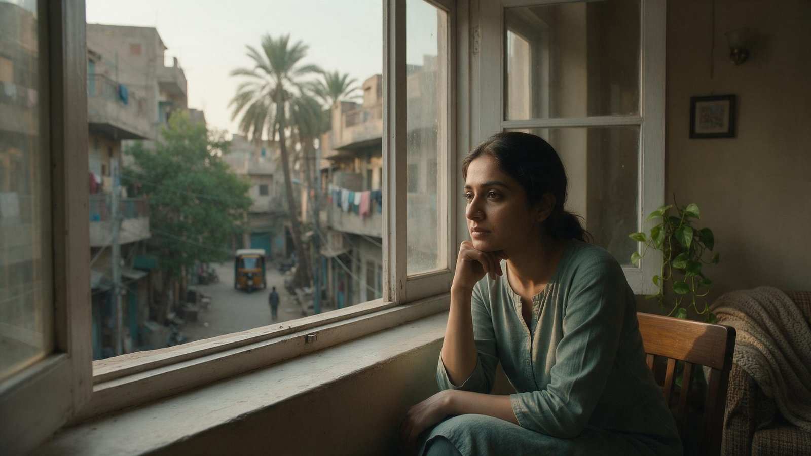 A woman looks out over a Karachi street from her window, a quiet moment reflecting on depression ki alamat