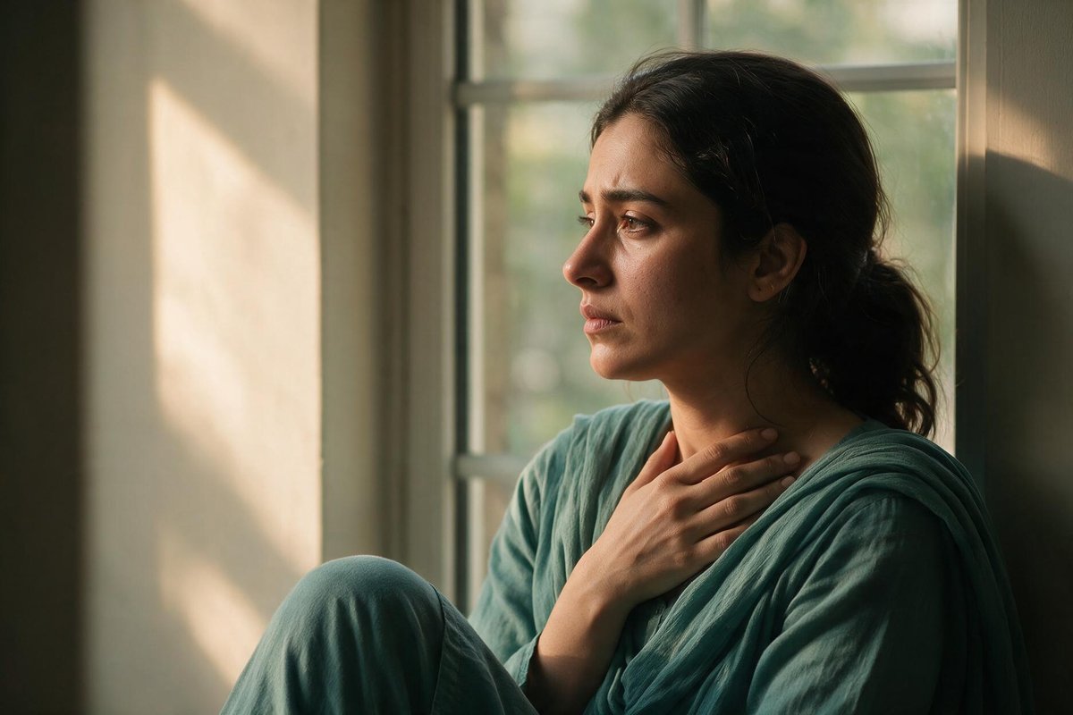 A woman sits quietly by a window, hand at her chest, showing the persistent sadness that is one of the seven depression ki alamat