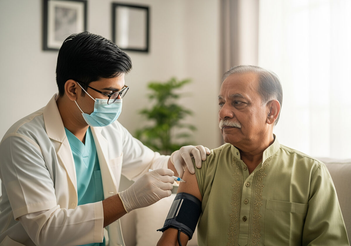 Doctor caring for an elderly Pakistani man at home with a blood pressure cuff on his arm
