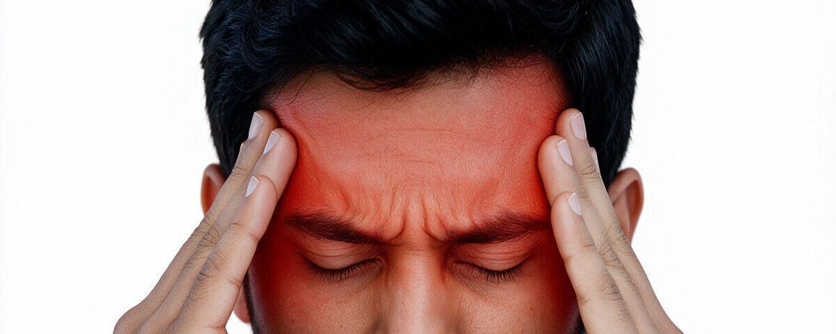 Pakistani man wincing in pain with hands pressed to his temples, highlighting headache pain