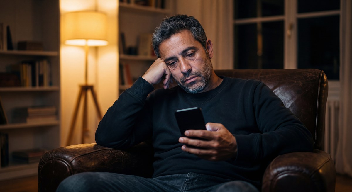 Man scrolling his phone late at night while repeatedly searching his symptoms online