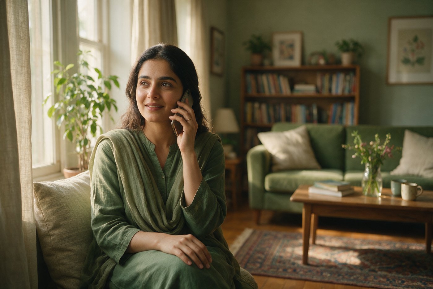 Woman at home speaking on the phone