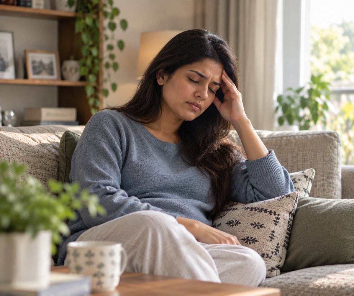 Pregnant woman resting on a sofa at home due to a migraine headache