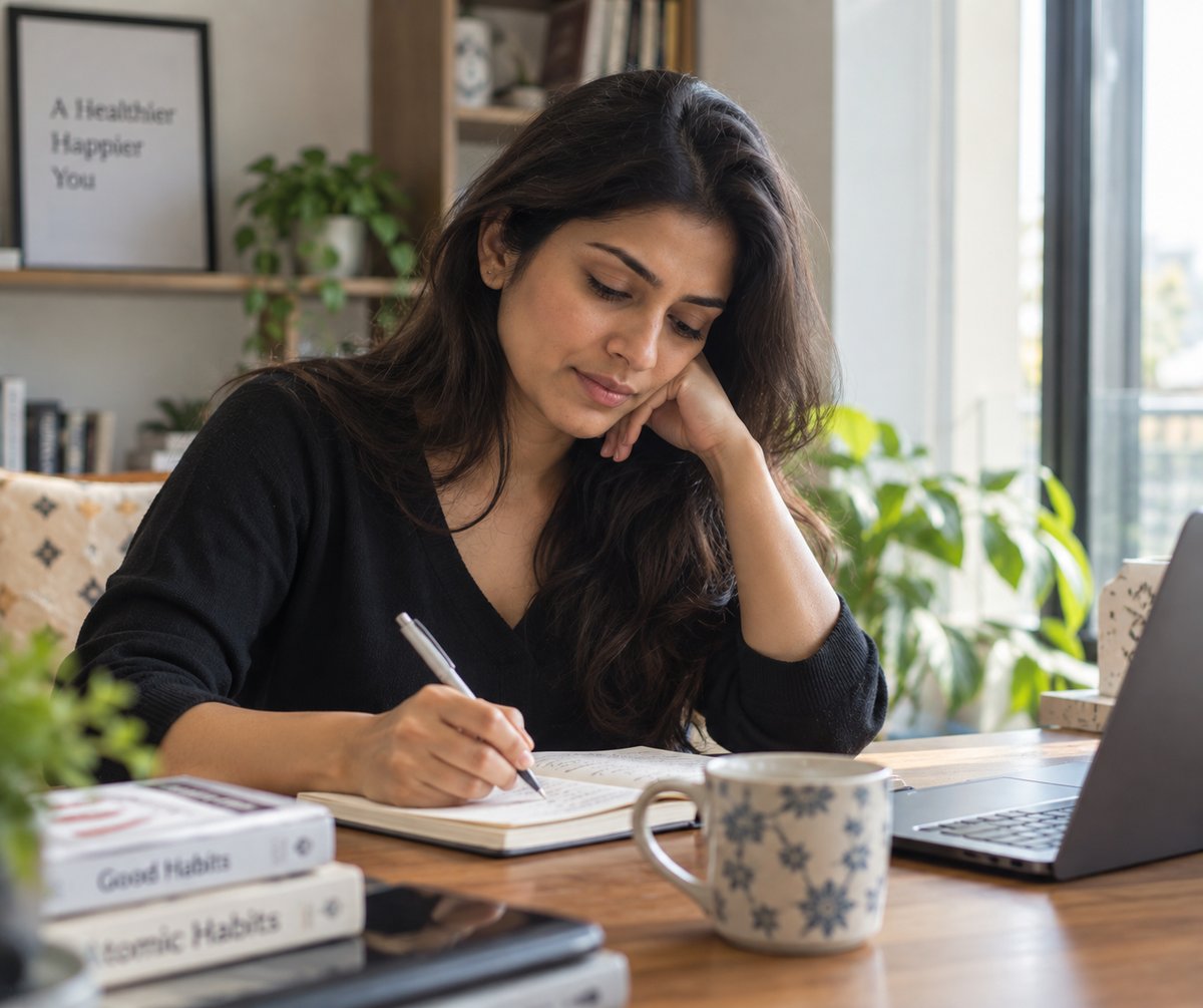 Woman writing in a headache diary to track migraine patterns before a doctor's consultation