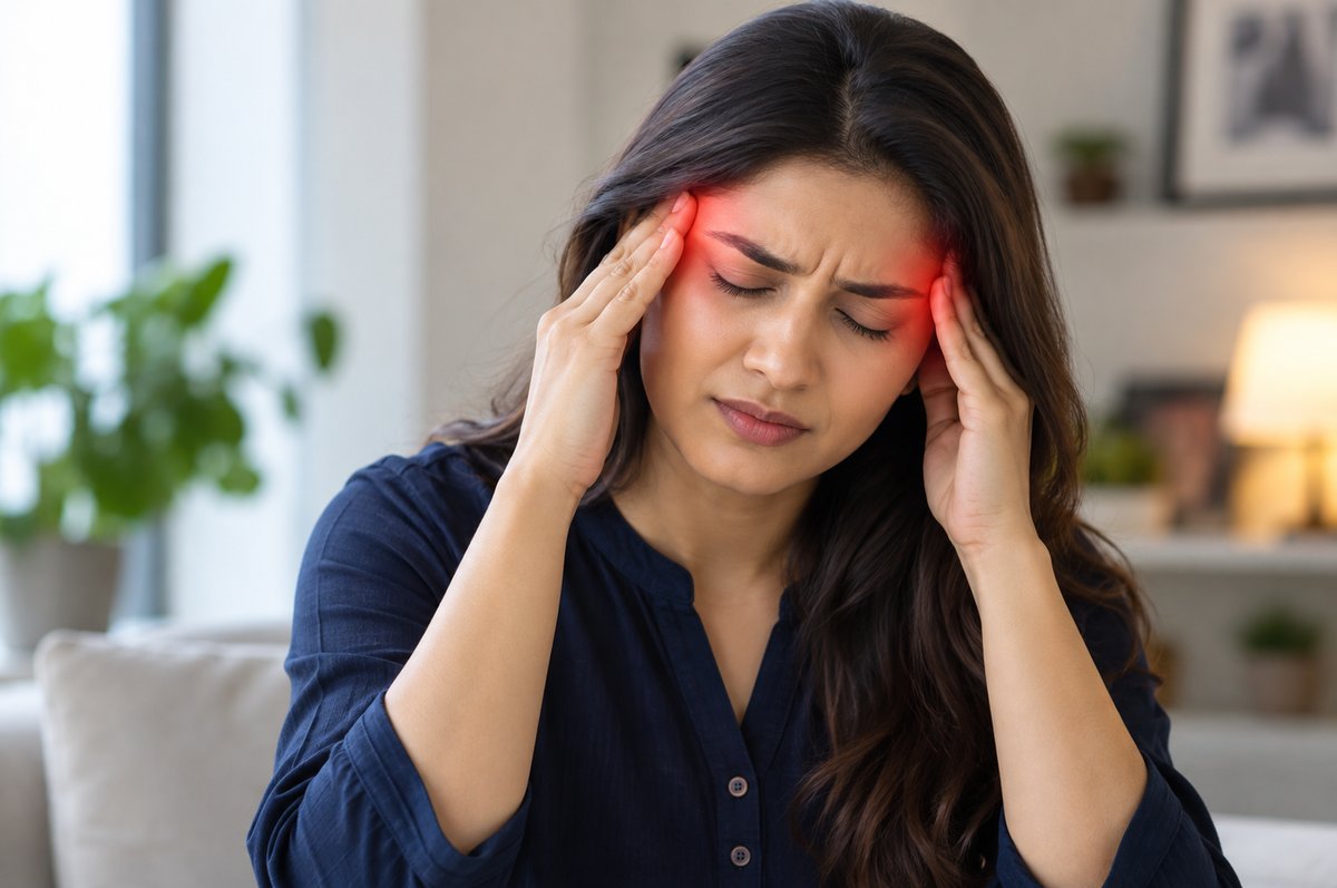 Woman experiencing migraine headache pain at her office desk
