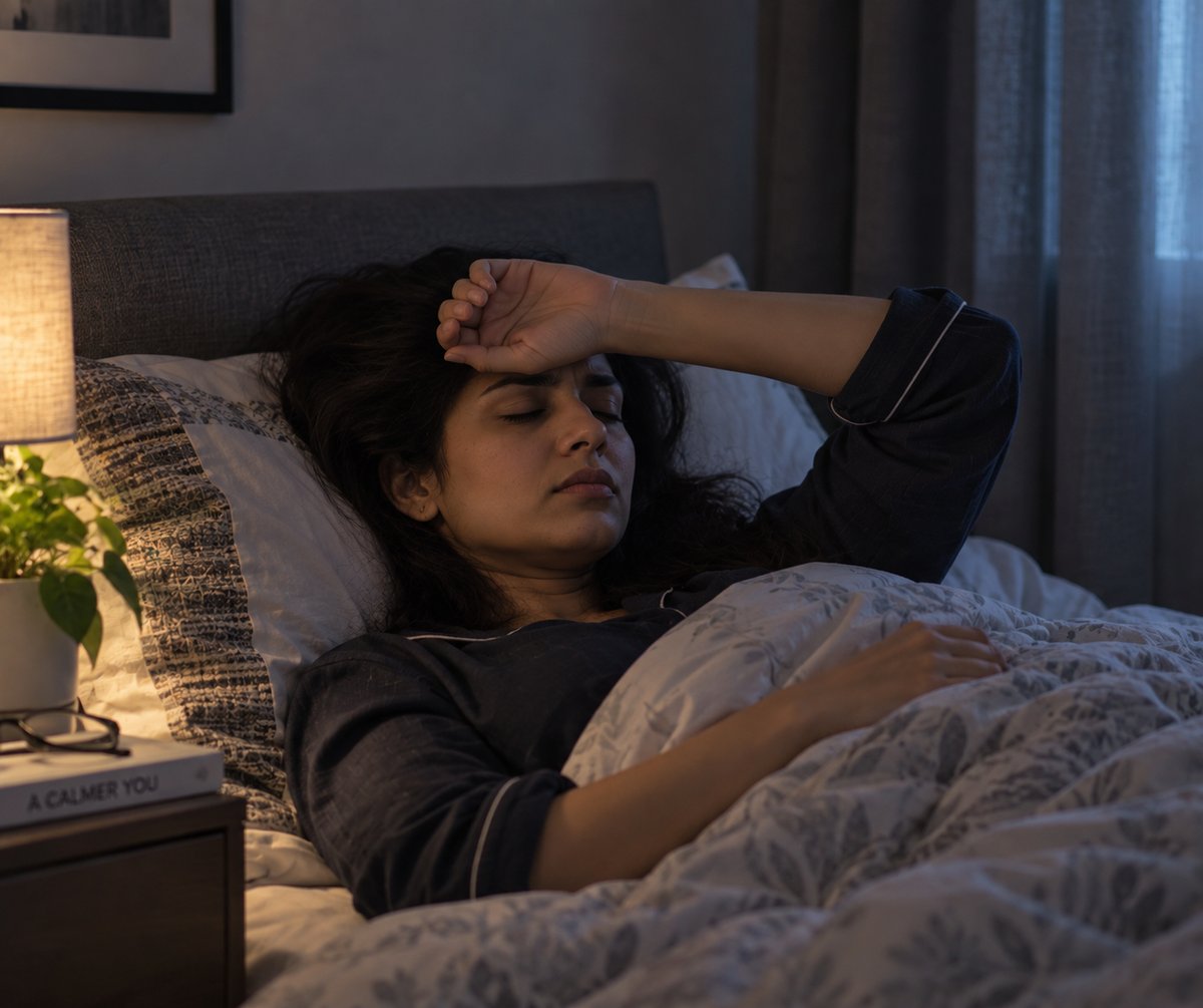 Woman resting in a quiet, darkened room during a migraine attack