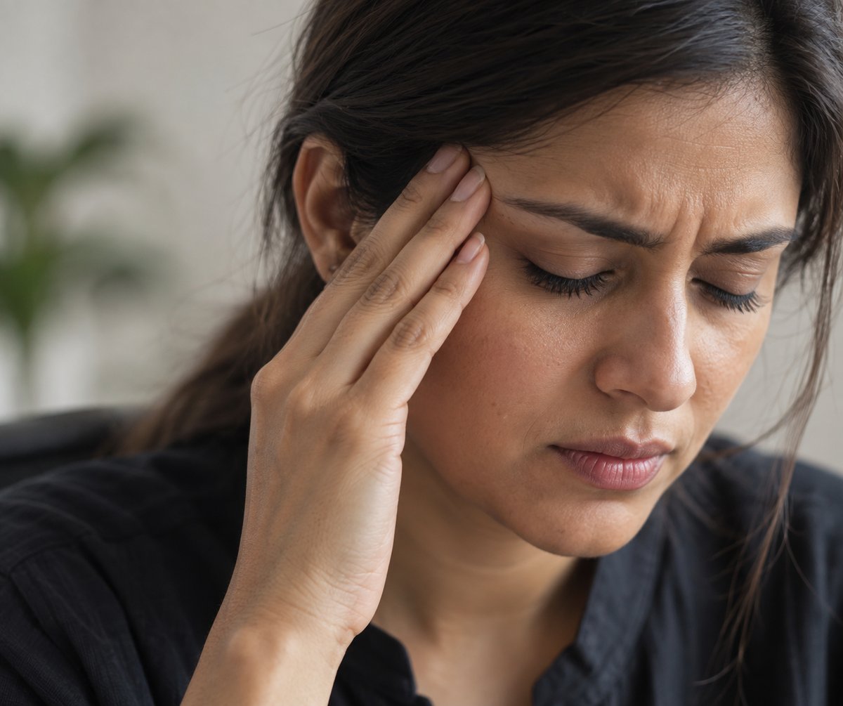 Woman pressing her temples in pain, illustrating the difference between a tension headache and a migraine
