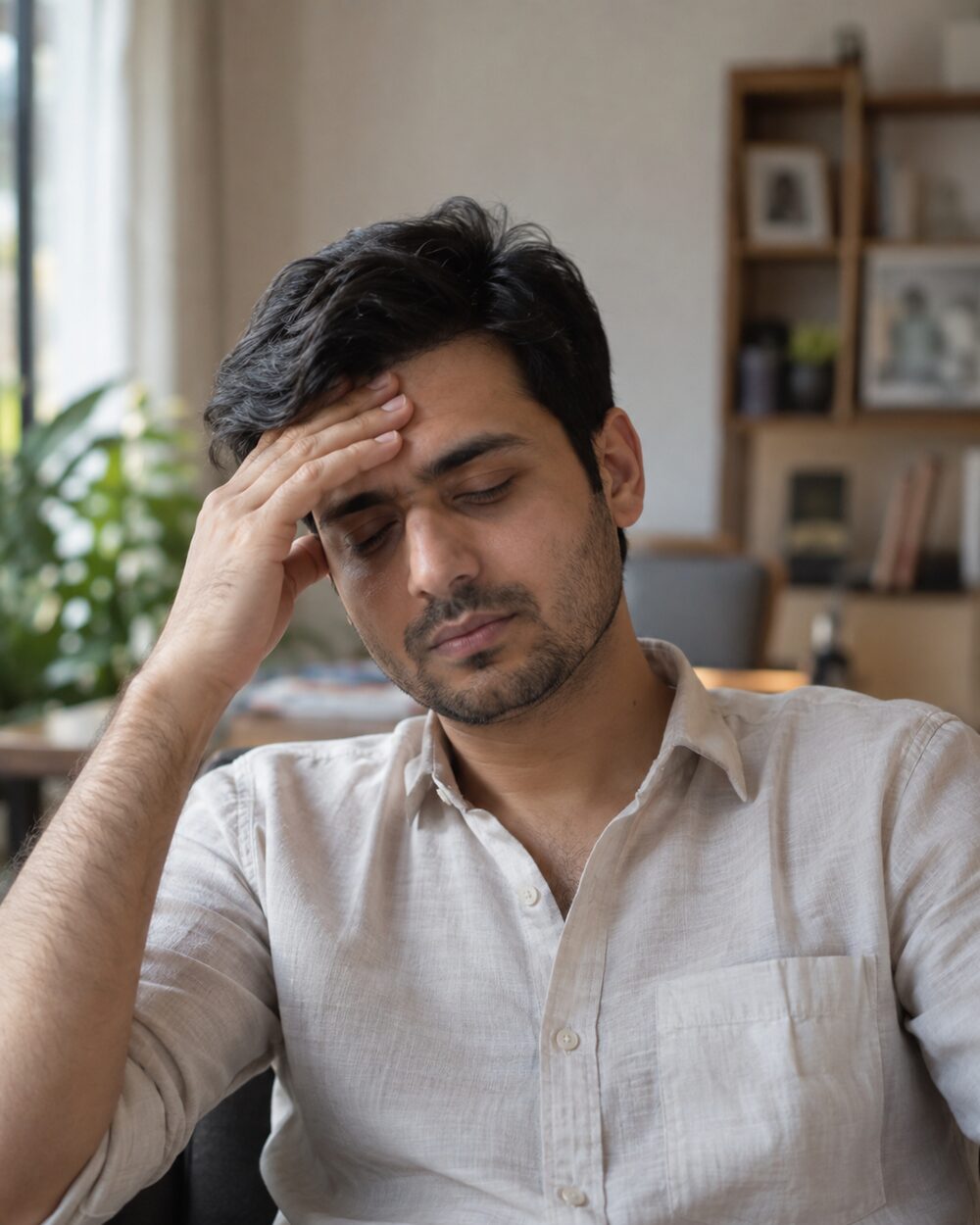 Man sitting at home with hand on his forehead, eyes closed, showing mild dizziness