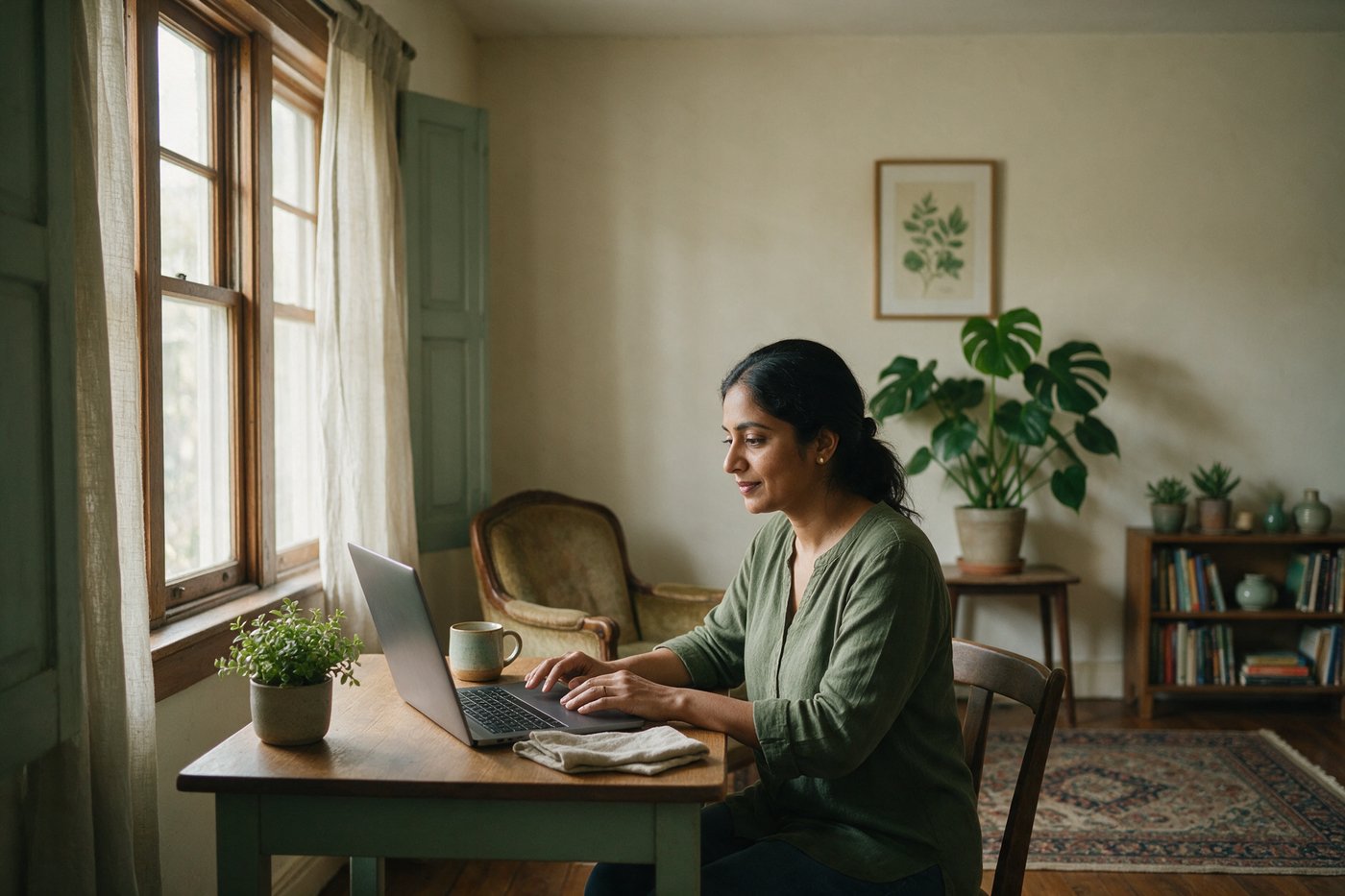 Woman having a video consultation on a laptop at home