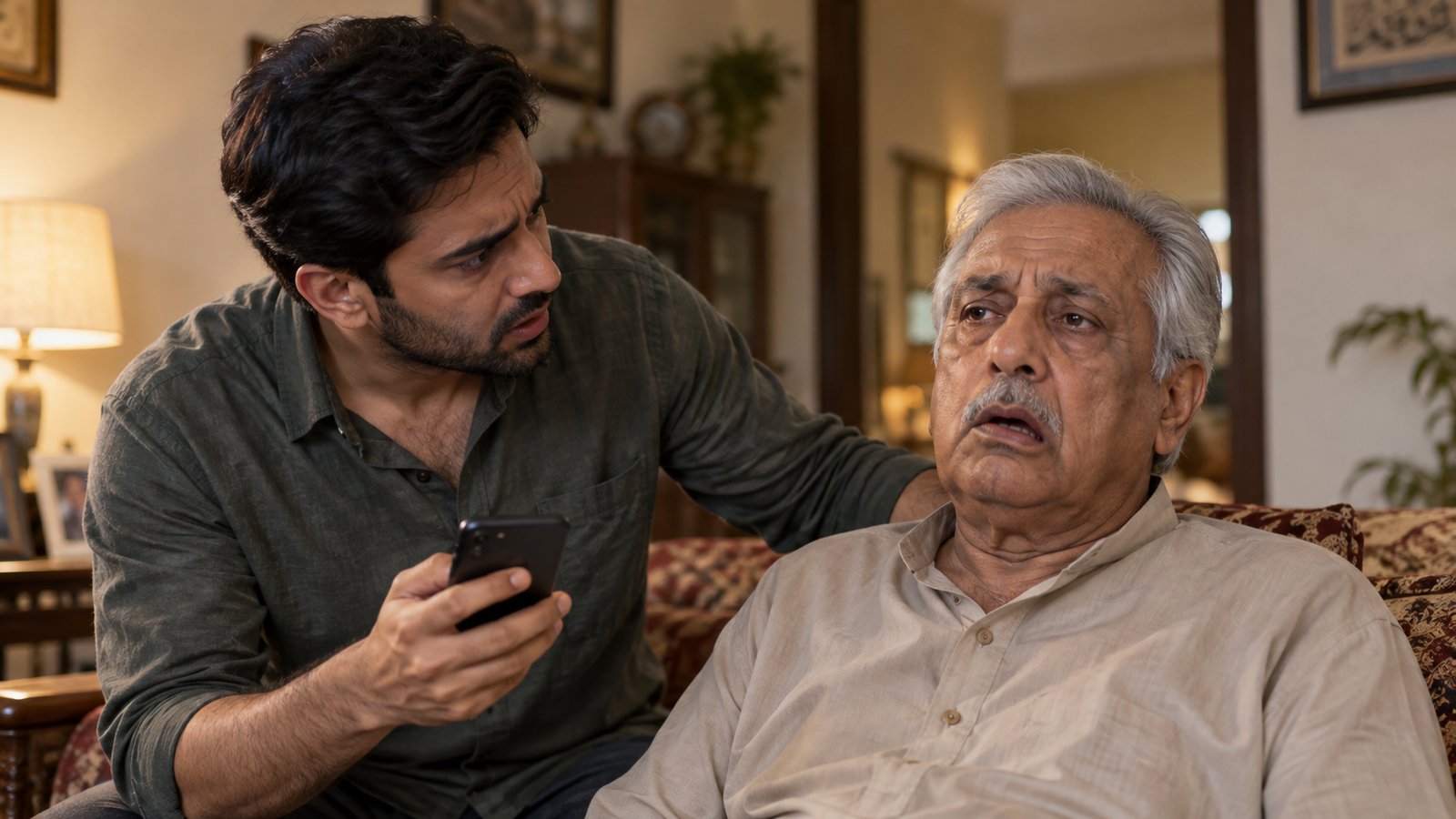 Adult son noticing his elderly father's face drooping on one side, a sign of stroke, and reaching for his phone to call 1122