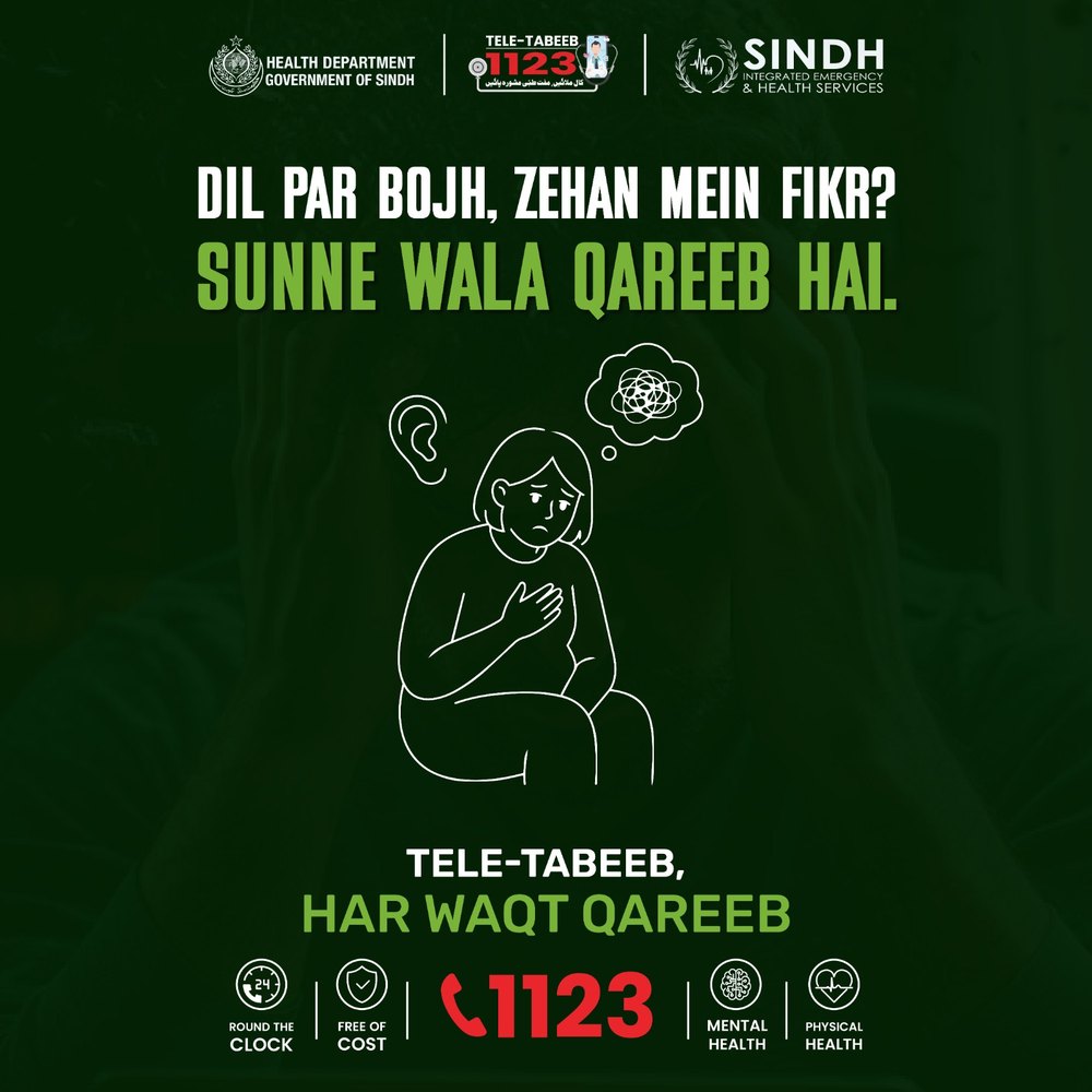 Illustration of a worried woman, text reads Dil par bojh, zehan mein fikr? Sunne wala qareeb hai. Tele-Tabeeb 1123