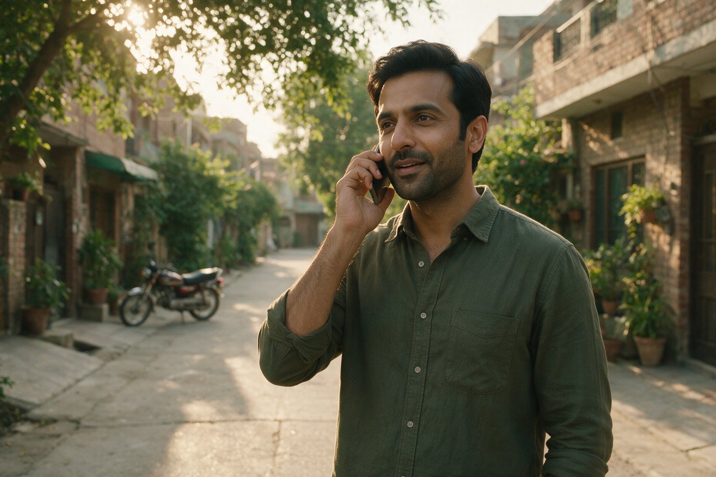Man speaking calmly on the phone outdoors