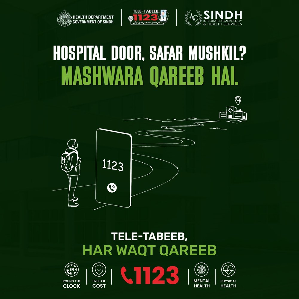 Illustration of a man far from a hospital with a phone showing 1123, text reads Hospital door, safar mushkil? Mashwara qareeb hai