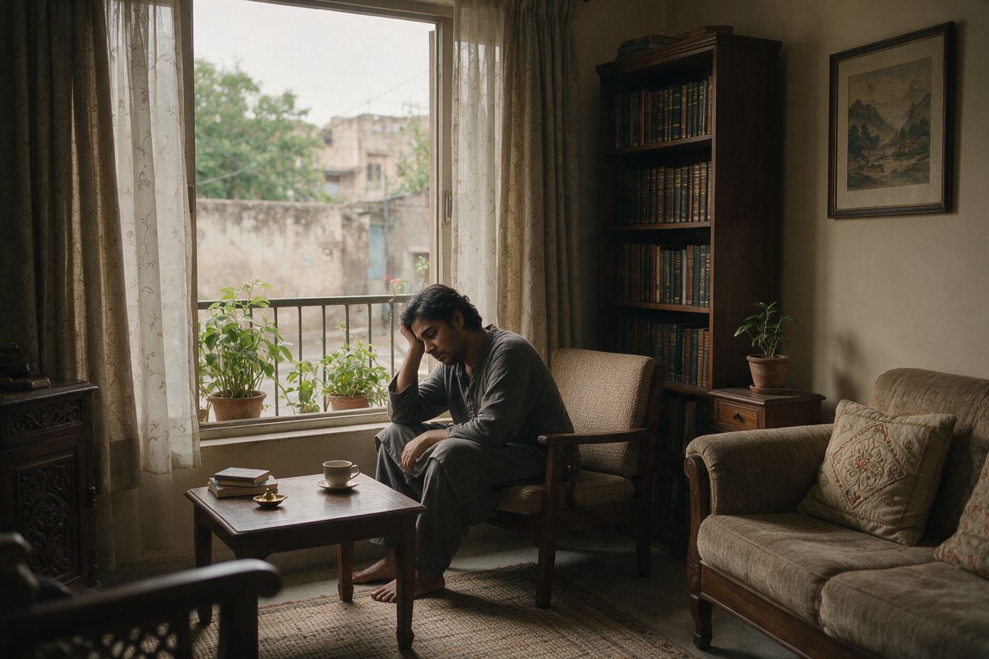 Person sitting quietly by a window, deep in thought