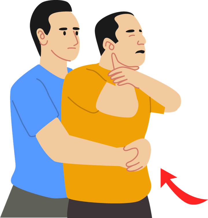 Illustration of a rescuer standing behind a choking person giving abdominal thrusts, with an inward and upward arrow