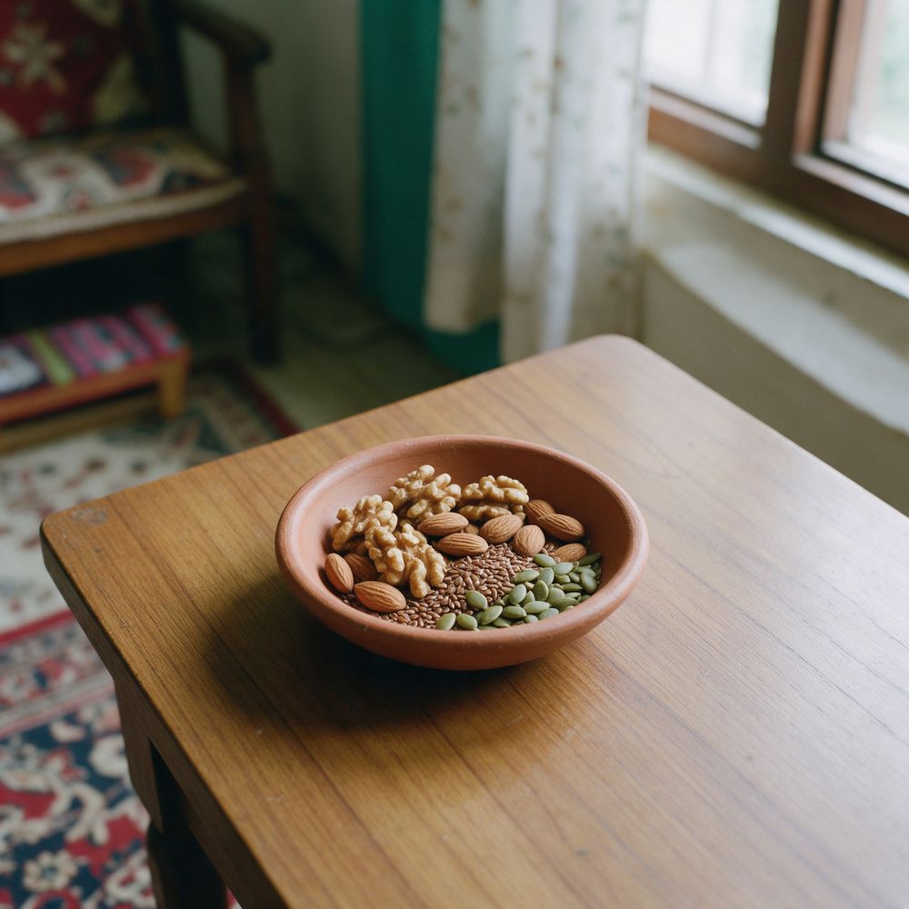 Walnuts, almonds, flaxseeds and pumpkin seeds in a small clay bowl
