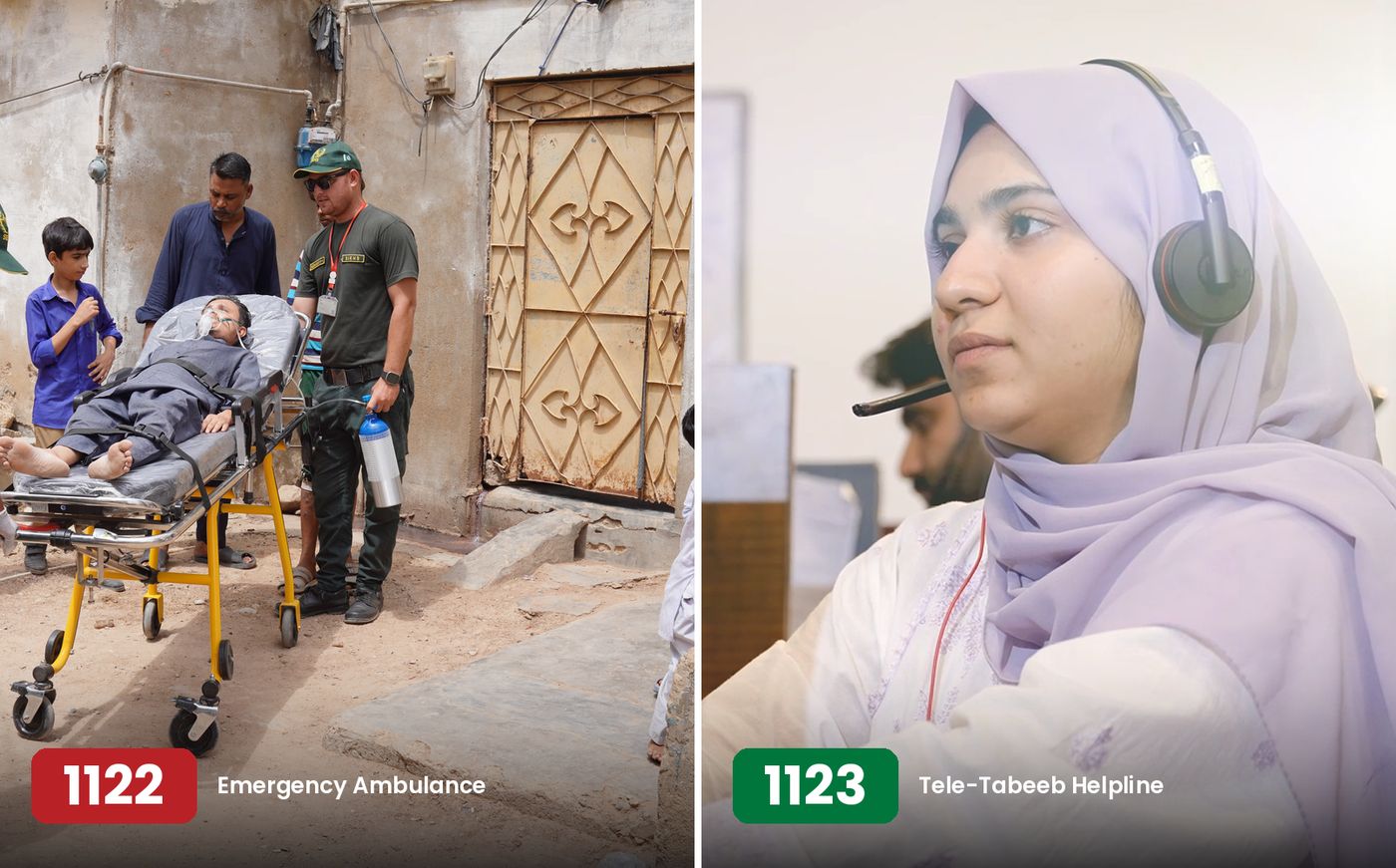 SIEHS 1122 paramedic with an oxygen cylinder beside a patient on a stretcher, next to a helpline operator wearing a headset at her workstation