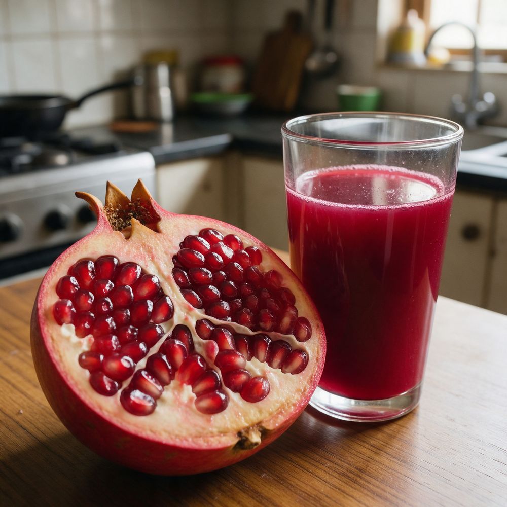 Pomegranate cut open beside a glass of fresh pomegranate juice