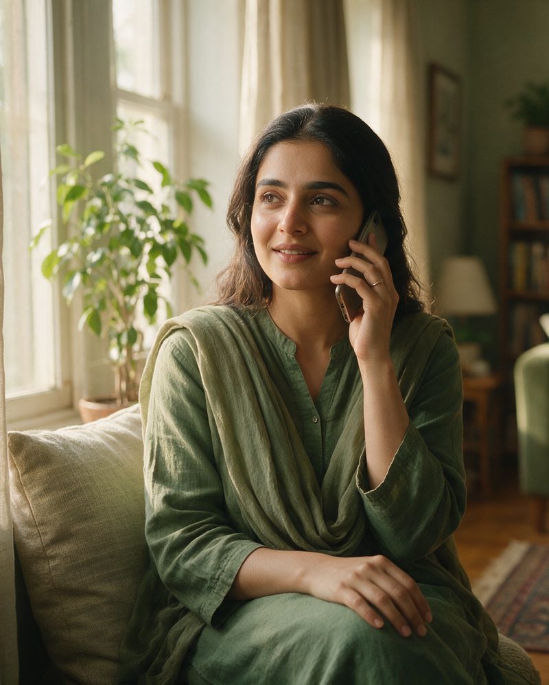 Woman on the phone at home calling for help
