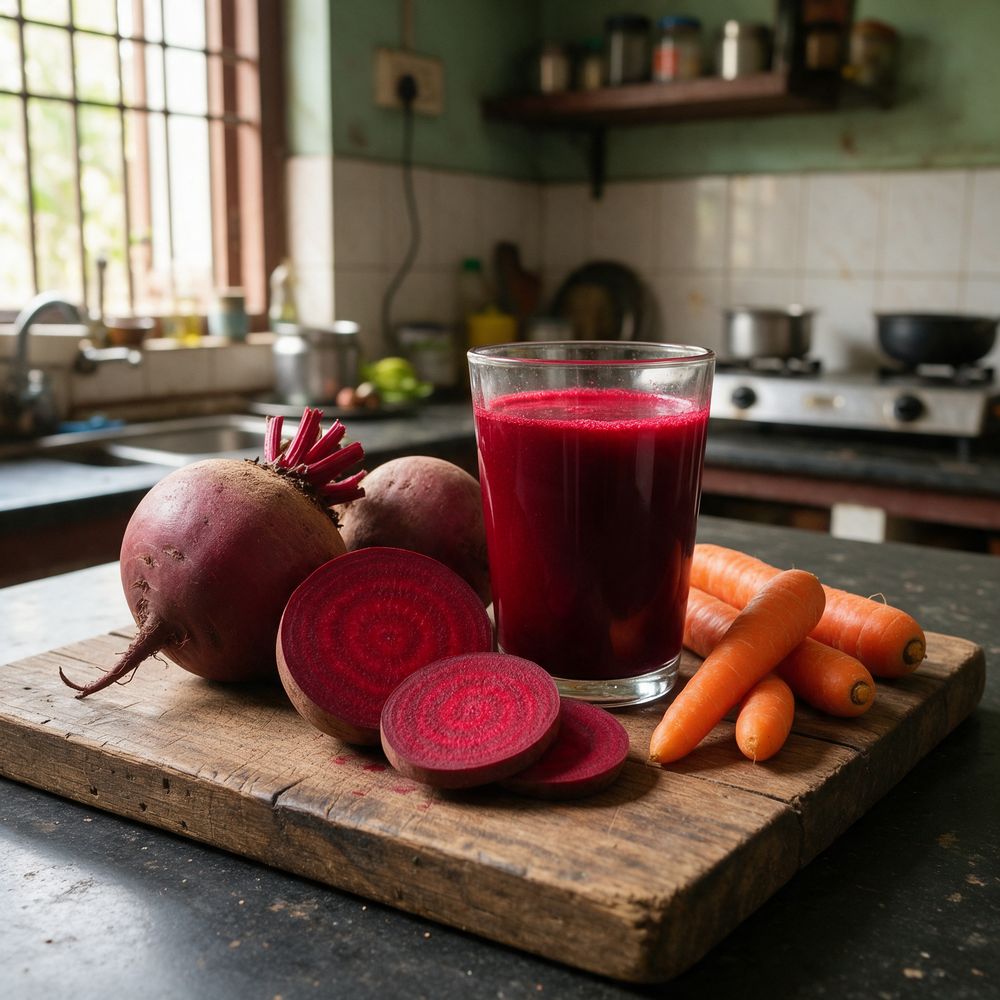 Sliced beetroot and carrots with a glass of fresh beetroot juice
