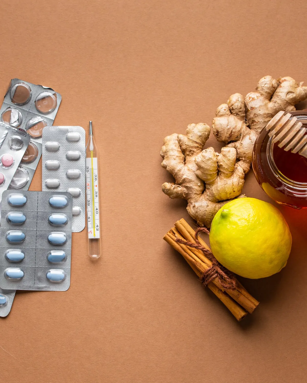 Flu home care kit, medicine strips, ginger, honey, lemon, cinnamon