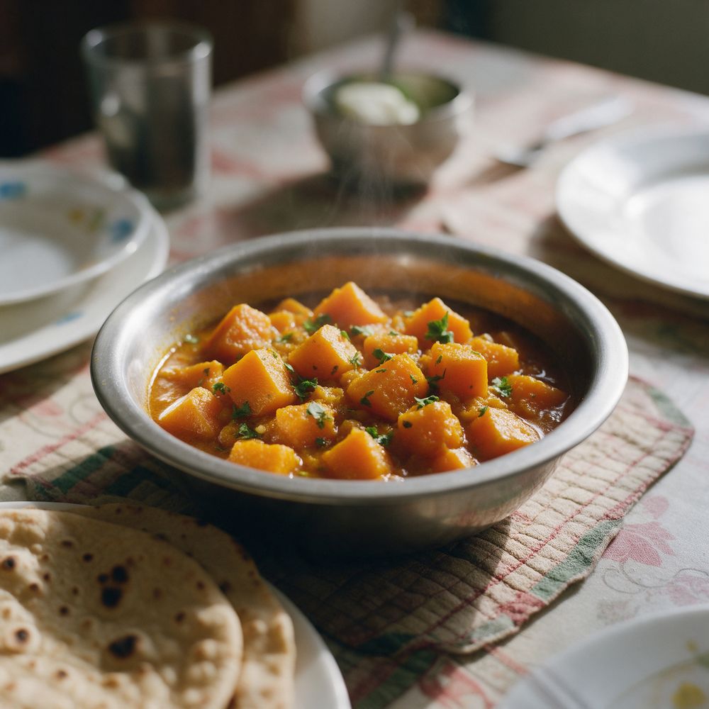 A bowl of pumpkin curry served with roti