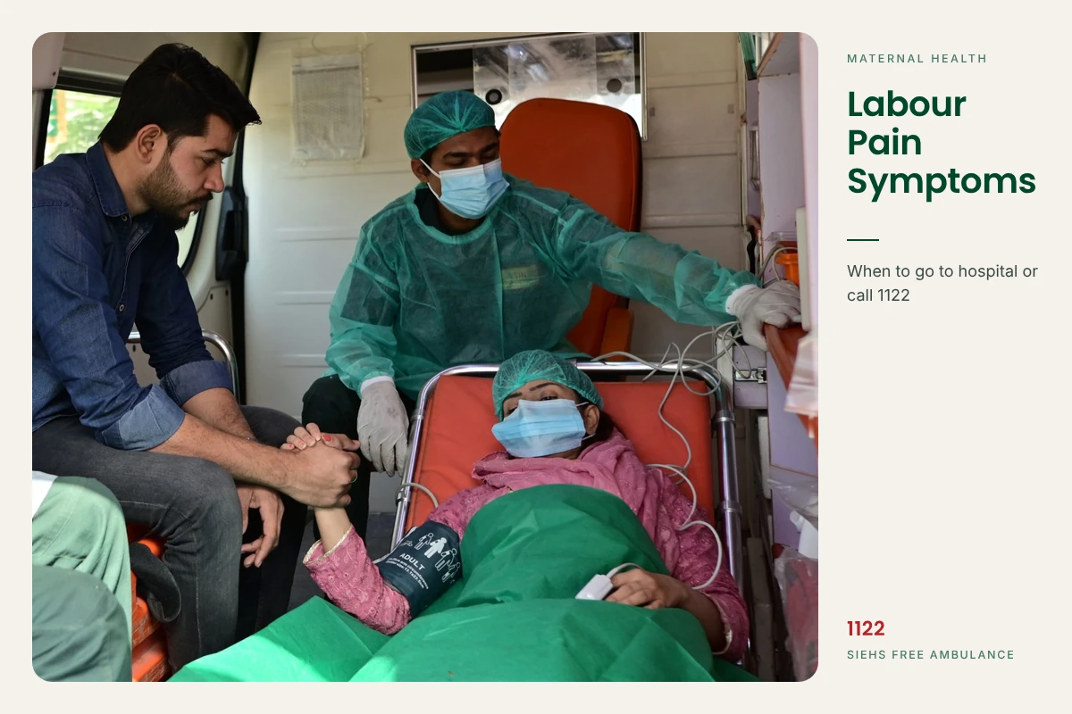 Banner titled Labour Pain Symptoms showing a husband holding his wife's hand as she lies on a stretcher in a SIEHS 1122 ambulance