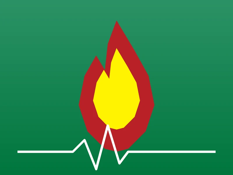 Illustration of a flame and a heartbeat line representing heat sensitivity and a fast heartbeat, common overactive thyroid signs