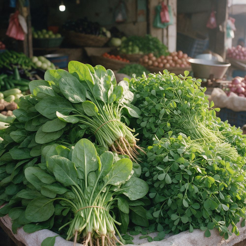 Bunches of fresh spinach and fenugreek leaves at a vegetable stall