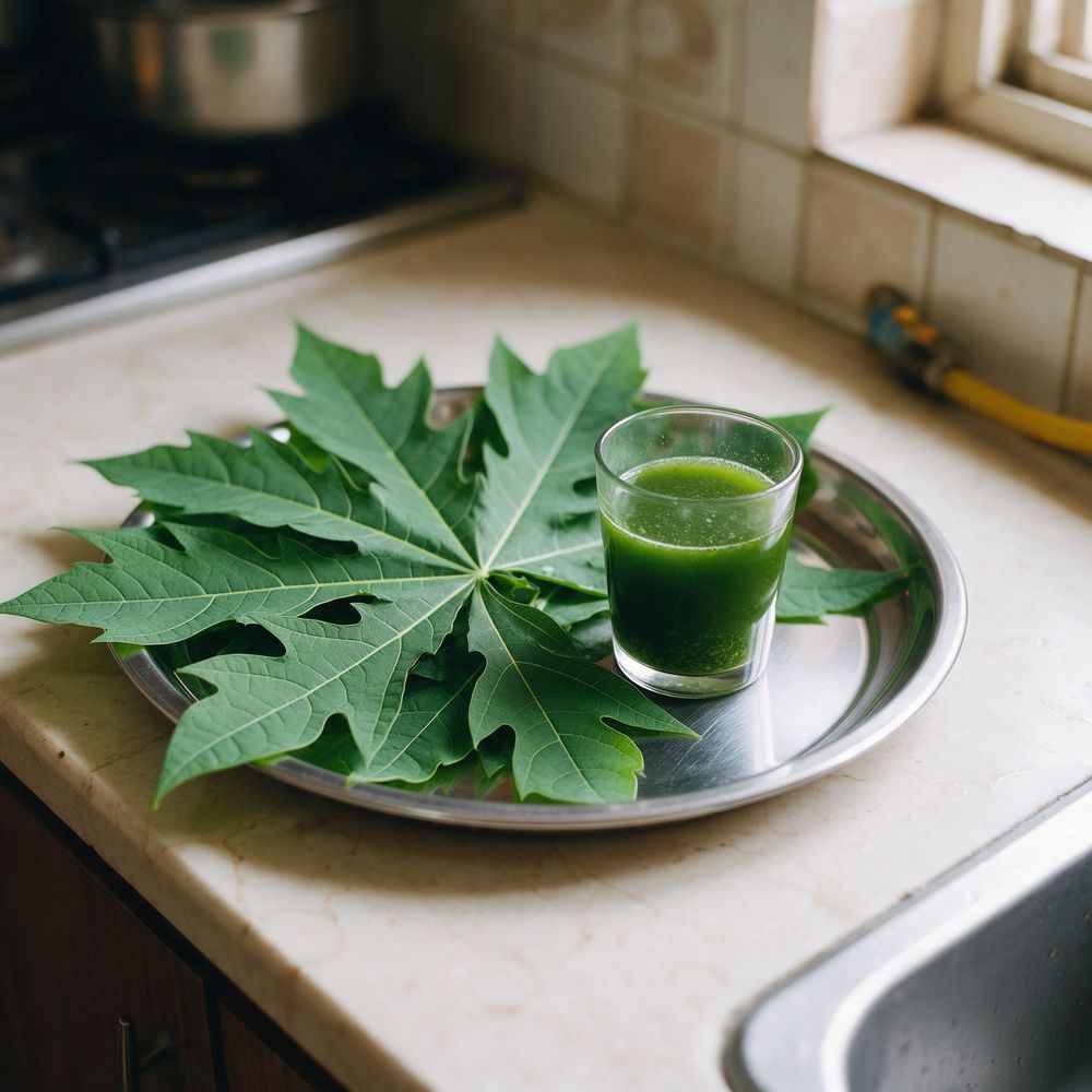 Fresh papaya leaves and a small glass of papaya leaf juice on a kitchen counter