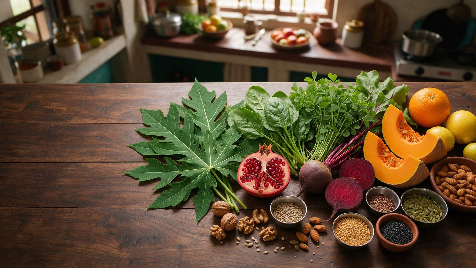 Papaya leaf, leafy greens, pomegranate, beetroot, pumpkin, citrus fruit and nuts laid out on a wooden table in a Pakistani home kitchen