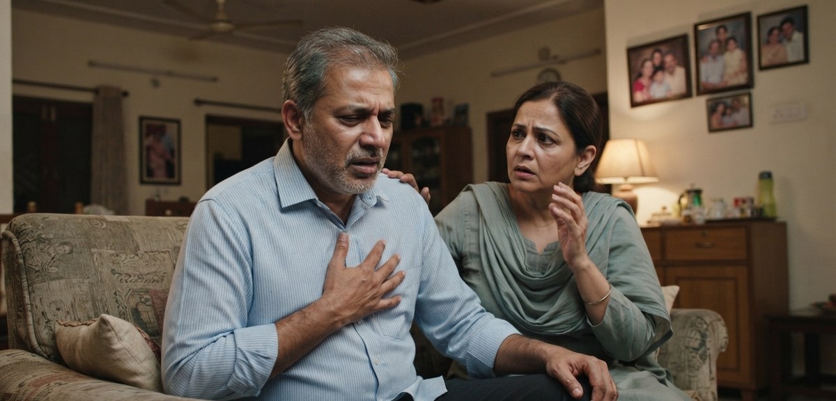 Man sitting at home with a hand on his chest, struggling to breathe, while a worried family member comforts him