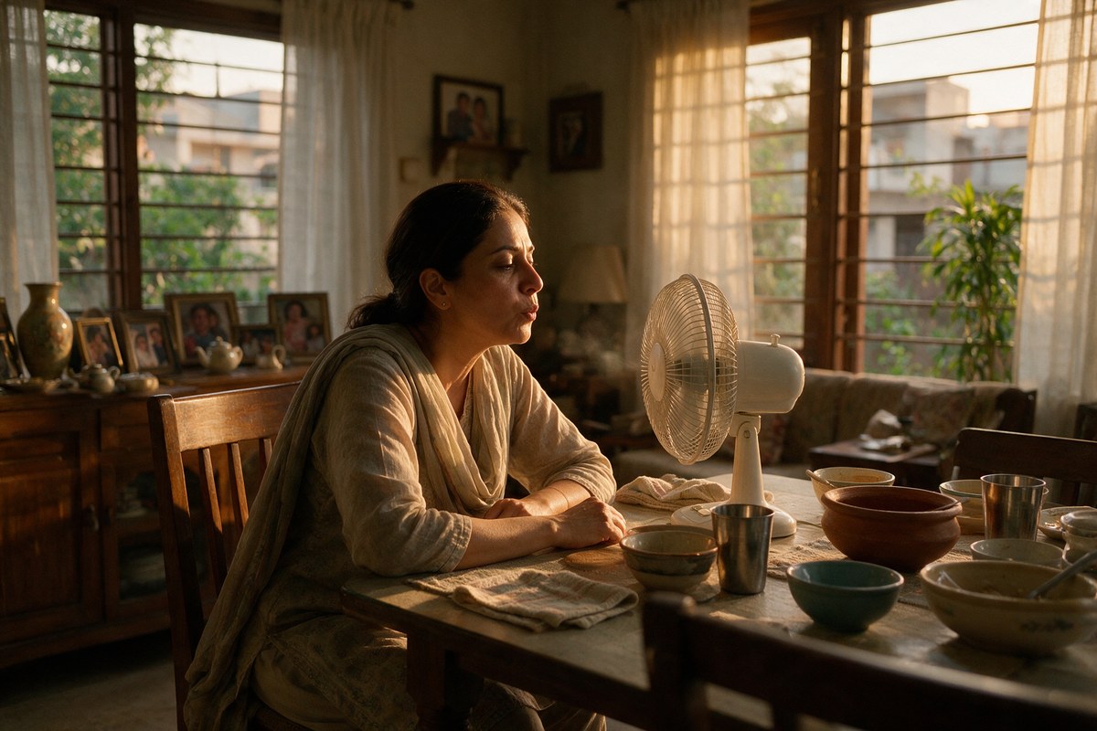 Woman sitting upright at a dining table with a small fan blowing toward her face, breathing out slowly through pursed lips