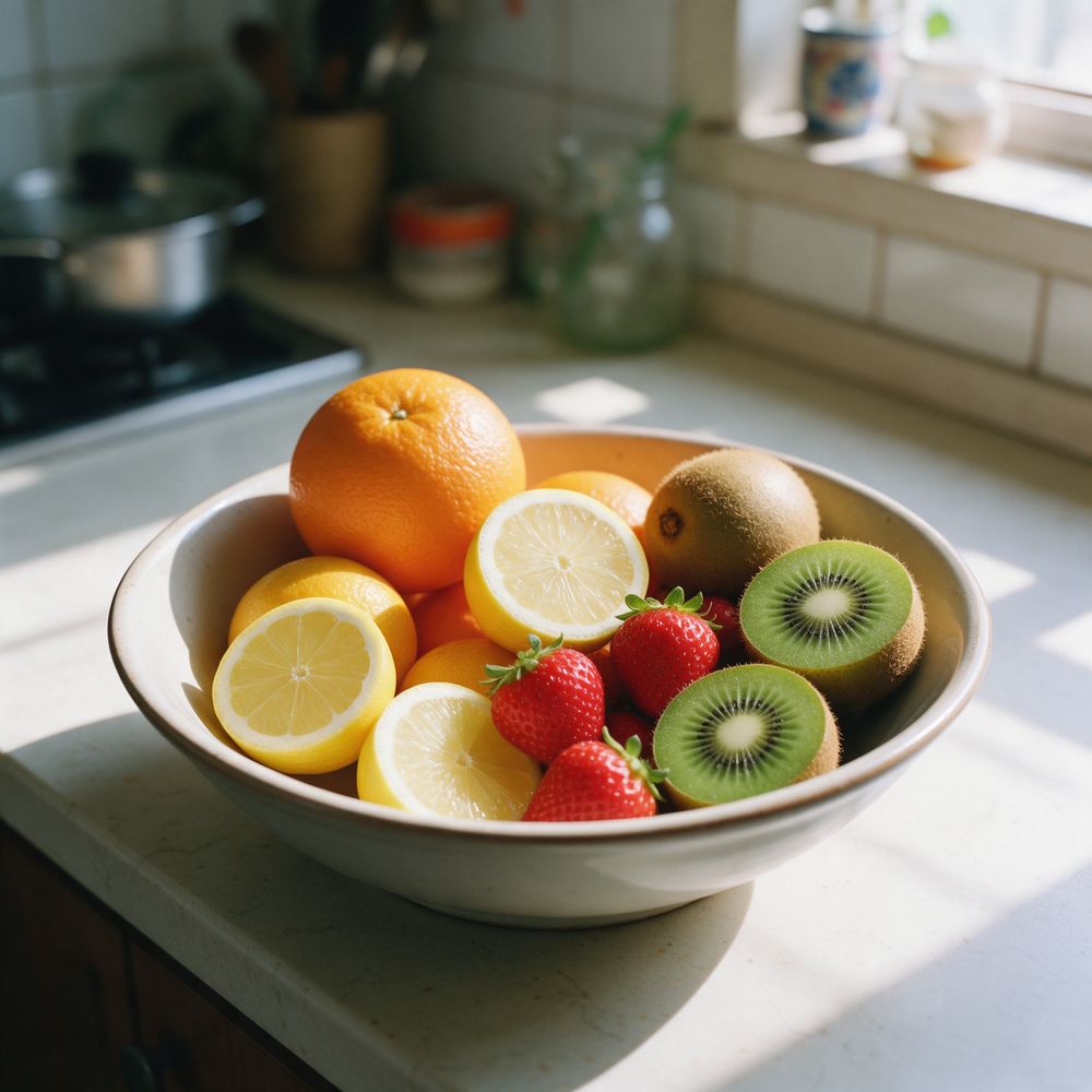 Oranges, lemons, strawberries and kiwi in a bowl