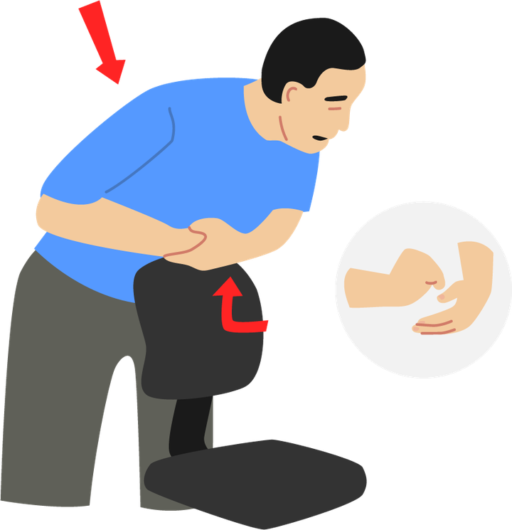 Illustration of a person leaning over the back of a chair to give themselves abdominal thrusts