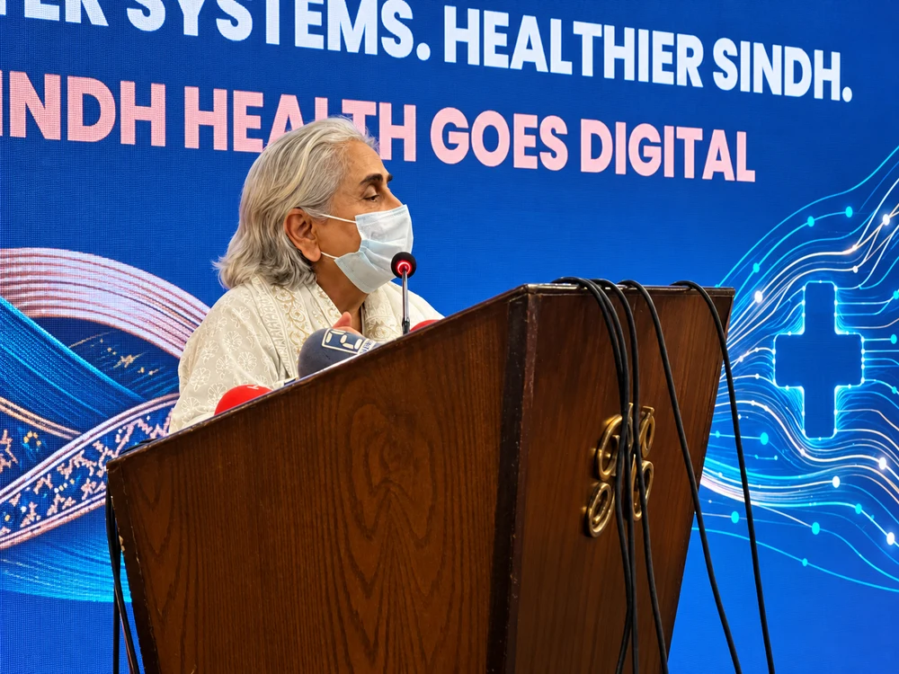 Health Minister Dr Azra Fazal Pechuho speaking at the Sindh Health Goes Digital EMR launch ceremony in Karachi