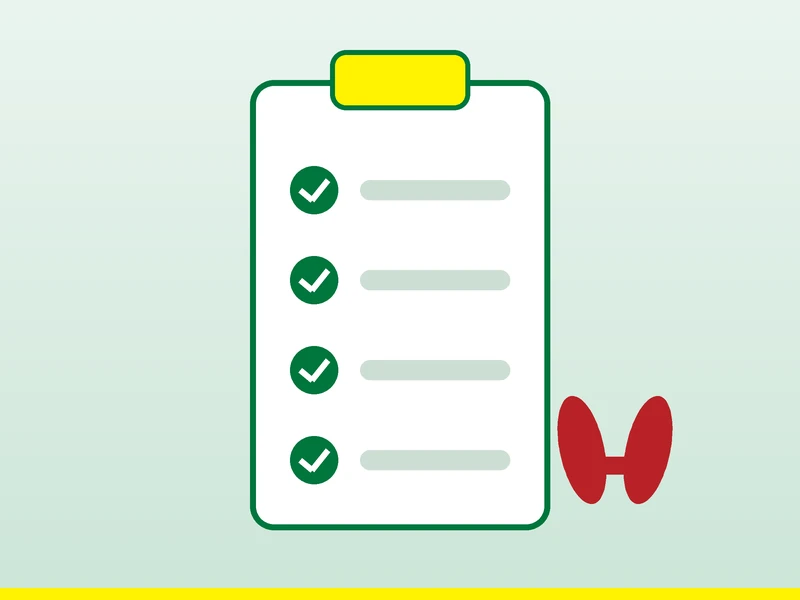 Illustration of a symptom checklist next to a thyroid gland