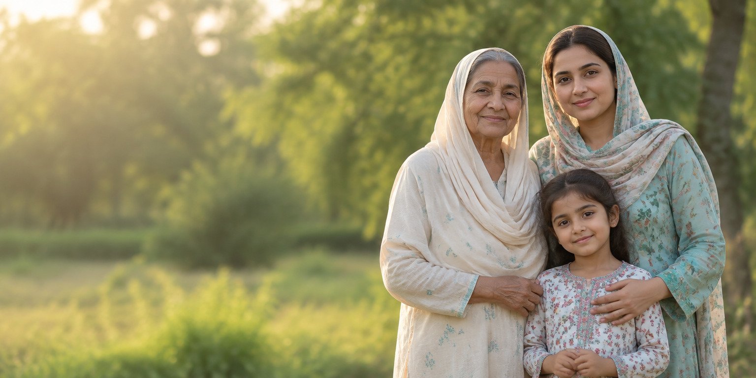 Three generations of women from a Pakistani family standing together in warm morning sunlight