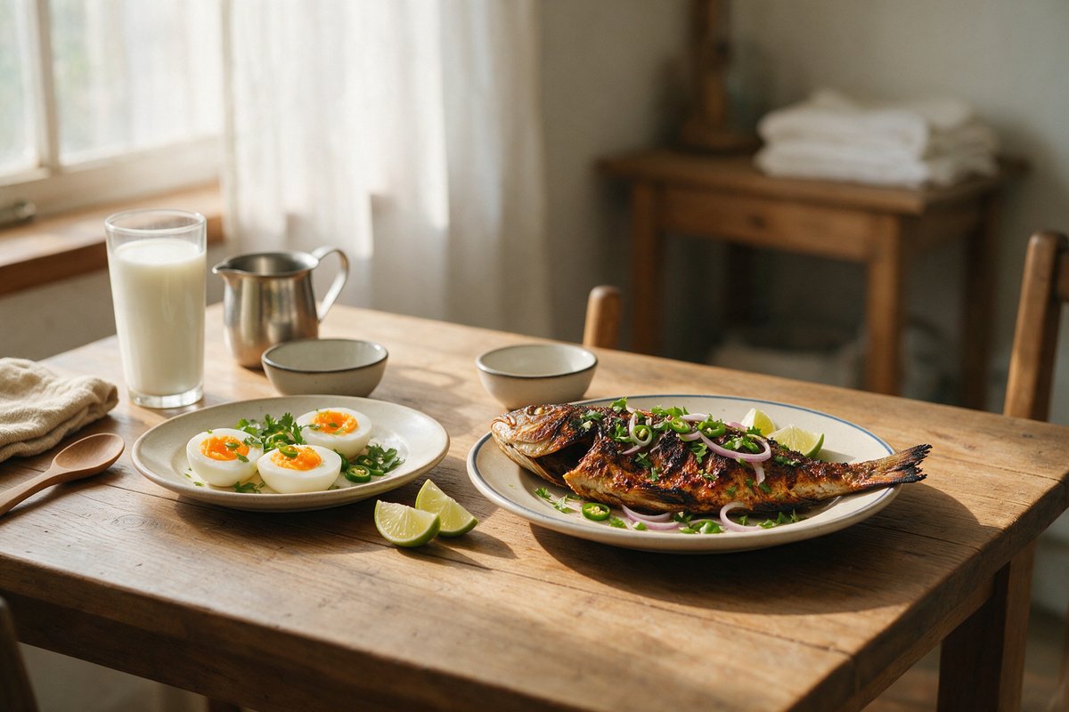 Grilled fish, boiled eggs and a glass of milk on a wooden table, common sources of vitamin D